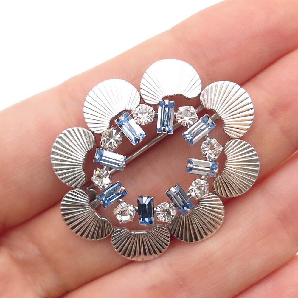 CARL ART 925 Sterling Silver Antique Art Deco Blue & White Rhinestone Pin Brooch